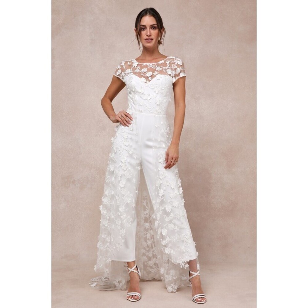 Lulus Sophisticated Passion White Floral Embroidered Overlay Jumpsuit - Size L